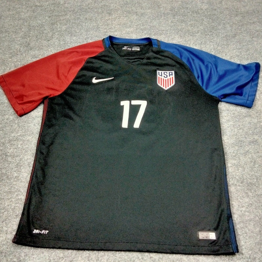 Nike USA Men’s Black Soccer Jersey with Red and Blue Sleeves #17